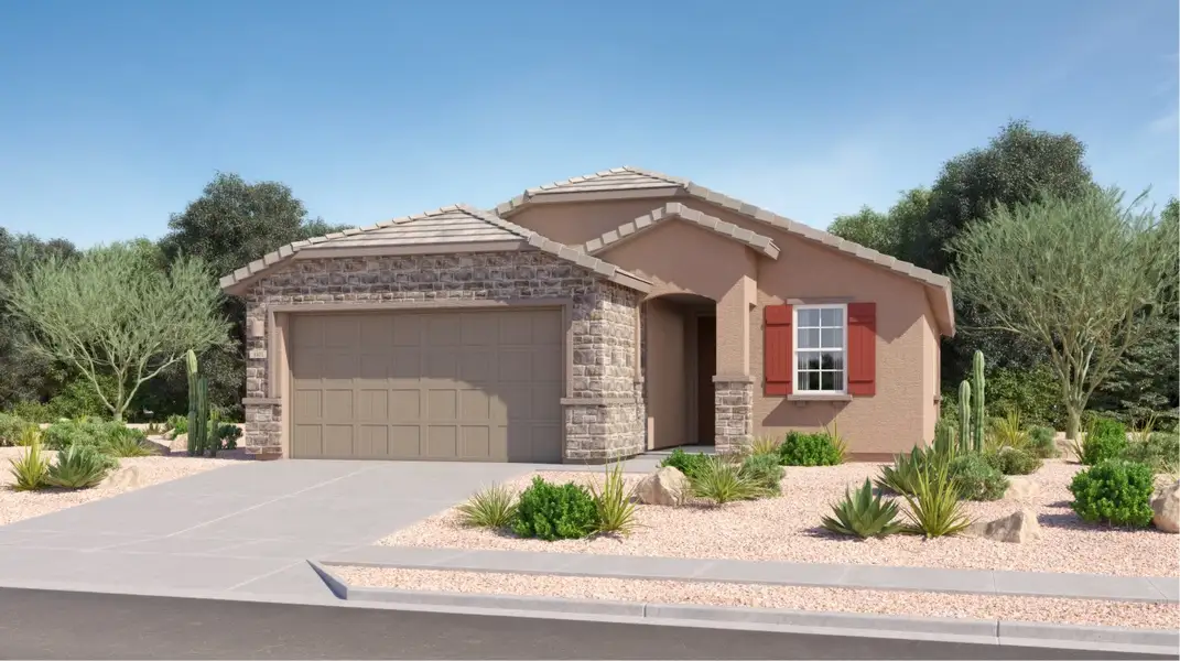 Front exterior of a new home in Sunstone at Gladden Farms: Destiny Collection, Marana, AZ, highlighting curb appeal (Image 1).
