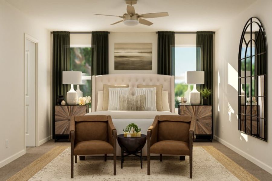 A room with a bed and chairs. A room with a bed and chairs.