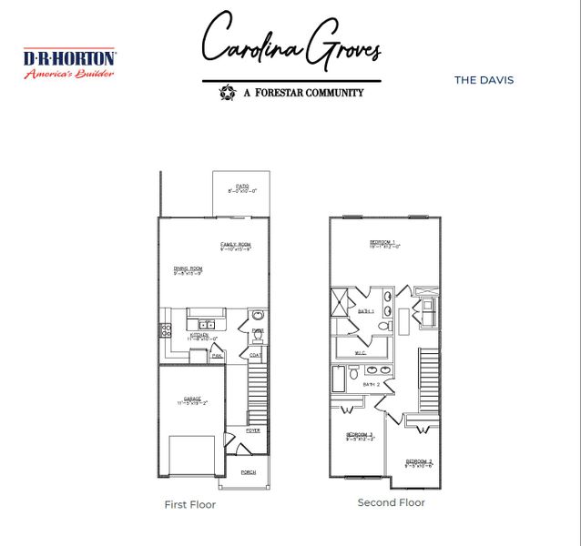 2D floor plan layout for the DAVIS by D.R. Horton in Carolina Groves Townhomes, Moncks Corner, SC (Image 3).