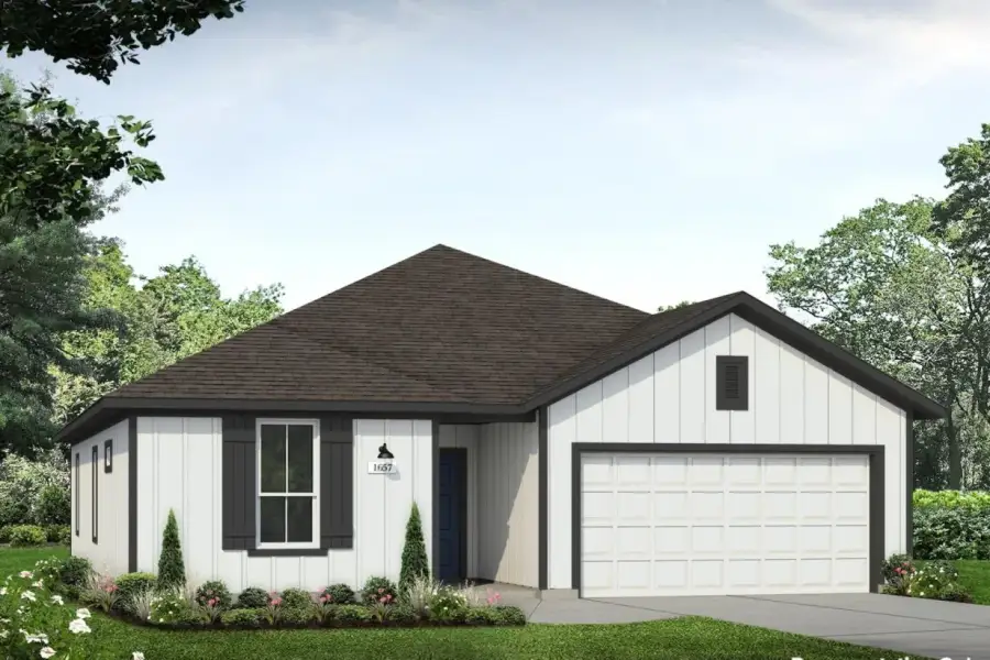 Front exterior of a new home in Harvest Ridge, Elgin, TX, highlighting curb appeal (Image 1). Front exterior of a new home in Harvest Ridge, Elgin, TX, highlighting curb appeal (Image 1).