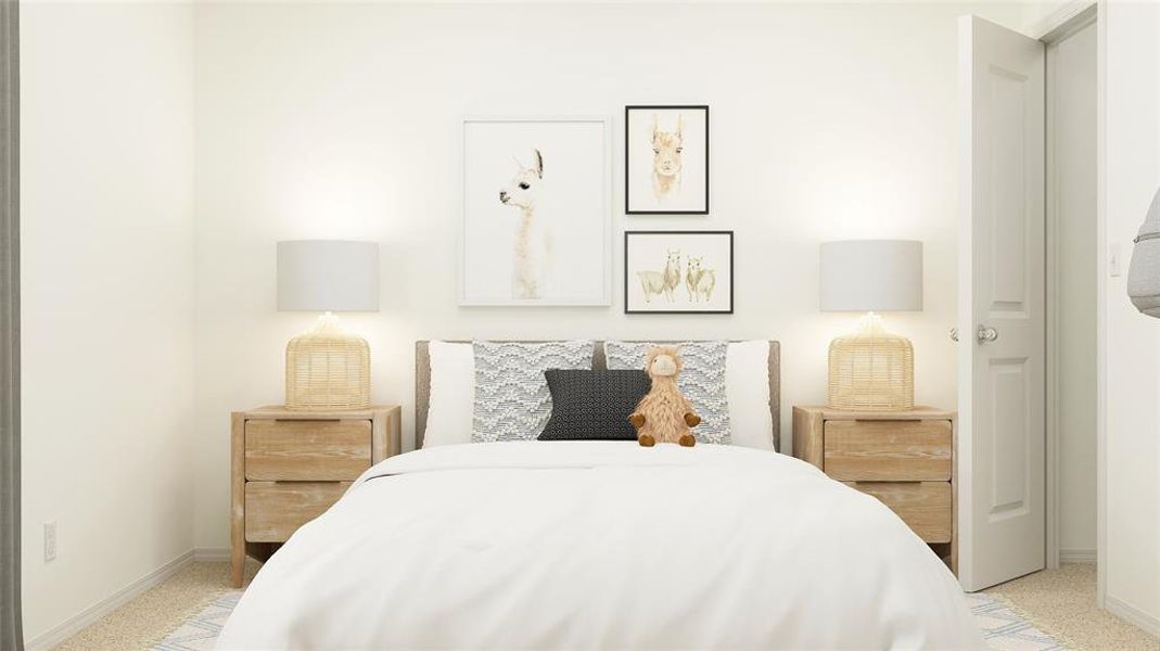 Bedroom featuring light carpet