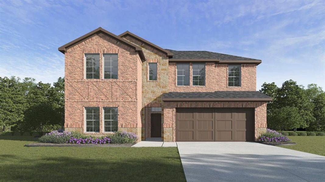 View of front of home with driveway, an attached garage, a front yard, and brick siding