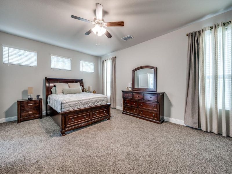 Luxurious primary bedroom is tucked away on the main level!