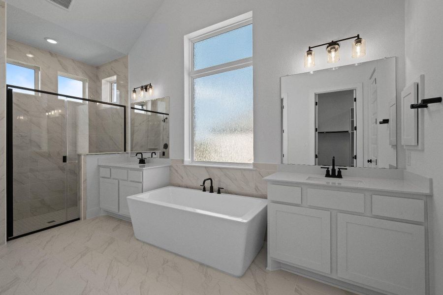 Primary Bath retreat with dual vanities, soaking tub & walk-in shower