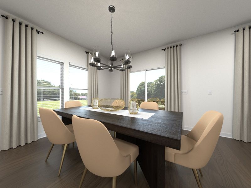 The open floorplan creates a seamless flow between the kitchen and dining areas.