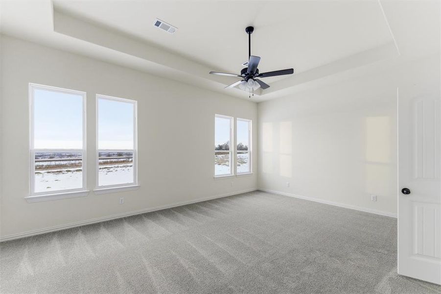 Empty room featuring a tray ceiling, light carpet, and a ceiling fan