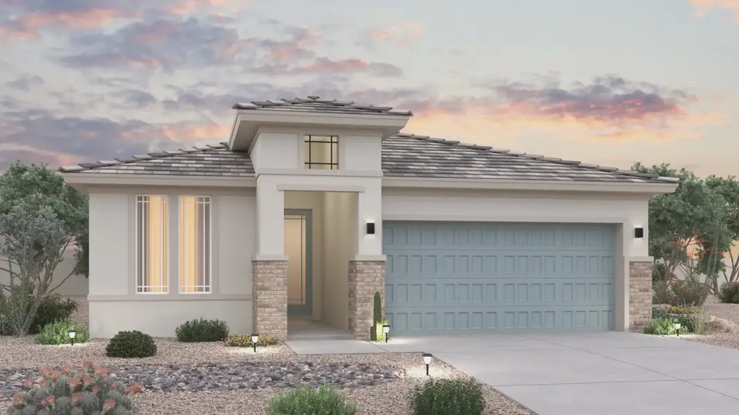 Front exterior of a new home in Teravalis, Buckeye, AZ, highlighting curb appeal (Image 1). Front exterior of a new home in Teravalis, Buckeye, AZ, highlighting curb appeal (Image 1).