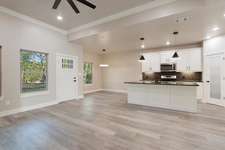 Kitchen with white cabinetry, stainless steel appliances, light hardwood / wood-style flooring, and a wealth of natural light