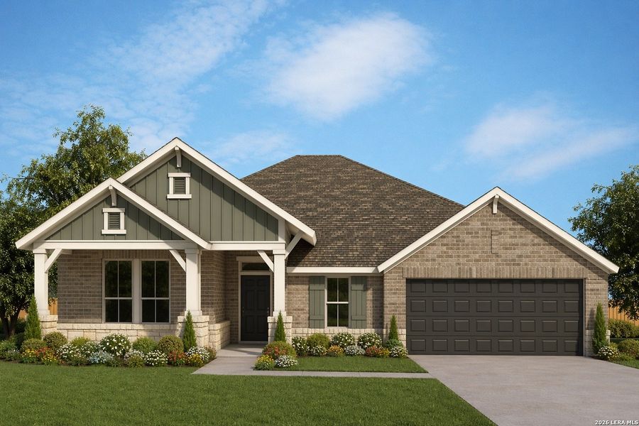 Front exterior of a new home in Meyer Ranch – Legacy Series, New Braunfels, TX, highlighting curb appeal (Image 1). Front exterior of a new home in Meyer Ranch – Legacy Series, New Braunfels, TX, highlighting curb appeal (Image 1).