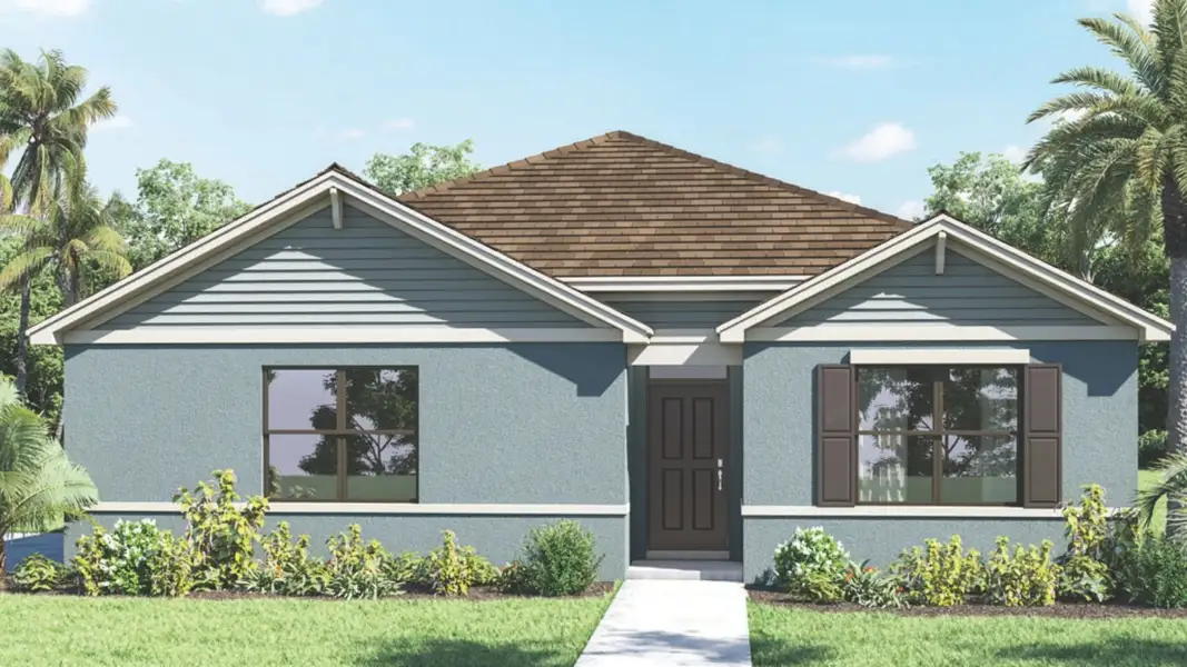 Front exterior of a new home in Preston Cove, St. Cloud, FL, highlighting curb appeal (Image 1). Front exterior of a new home in Preston Cove, St. Cloud, FL, highlighting curb appeal (Image 1).