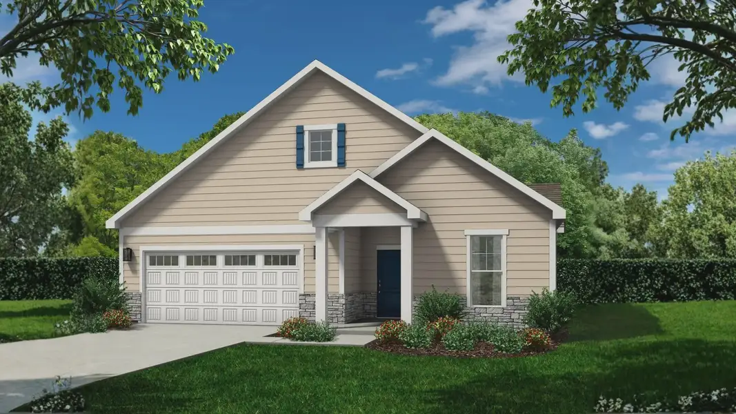 Front exterior of a new home in Salem Brooke, Clemmons, NC, highlighting curb appeal (Image 1). Front exterior of a new home in Salem Brooke, Clemmons, NC, highlighting curb appeal (Image 1).