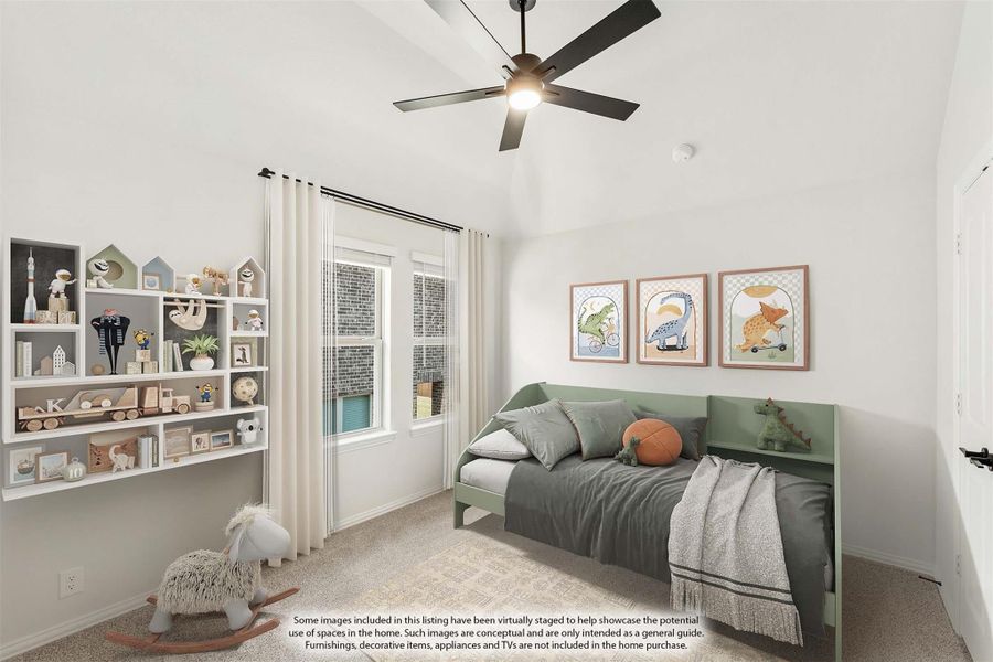 Child's bedroom with green daybed, wall toy shelves, ceiling fan, and dinosaur wall art on carpet flooring Child's bedroom with green daybed, wall toy shelves, ceiling fan, and dinosaur wall art on carpet flooring
