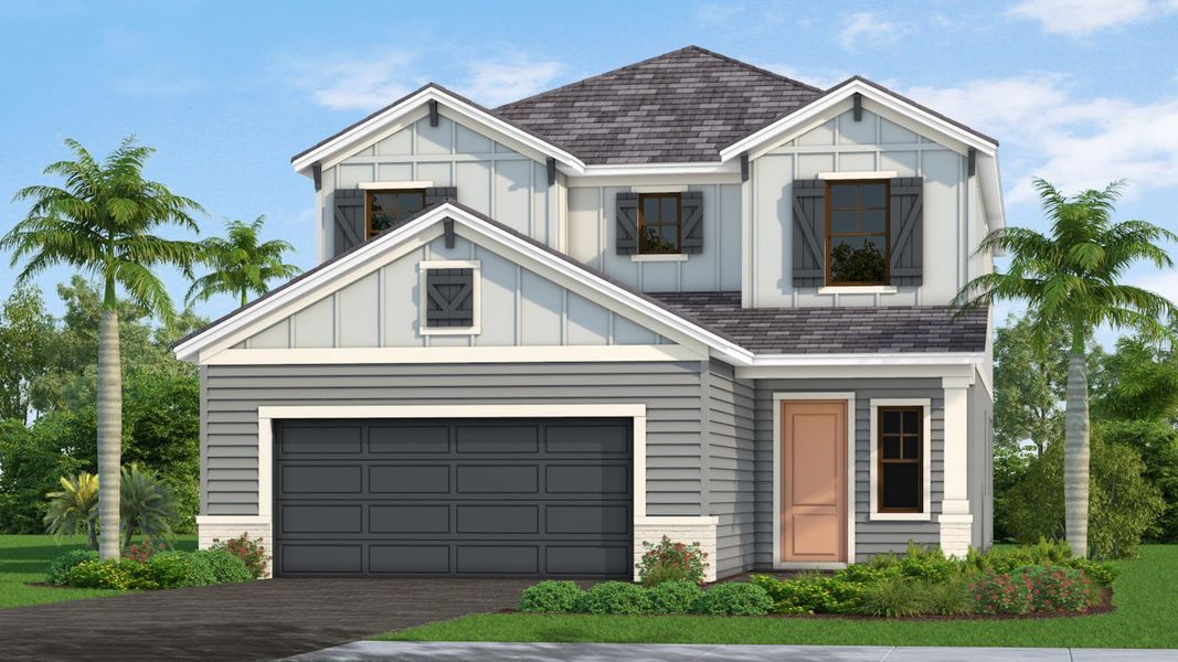 Front exterior of a new home in Windward, Lakewood Ranch, FL, highlighting curb appeal (Image 5). Front exterior of a new home in Windward, Lakewood Ranch, FL, highlighting curb appeal (Image 5).