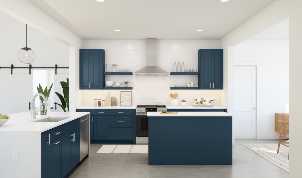 Kitchen with floating shelves and stainless steel appliances