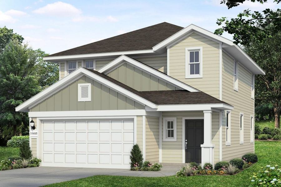 Representative exterior photo of a completed home built from the Cascade 1668 by Brohn Homes in Cascade, Liberty Hill, TX (Image 2). Representative exterior photo of a completed home built from the Cascade 1668 by Brohn Homes in Cascade, Liberty Hill, TX (Image 2).