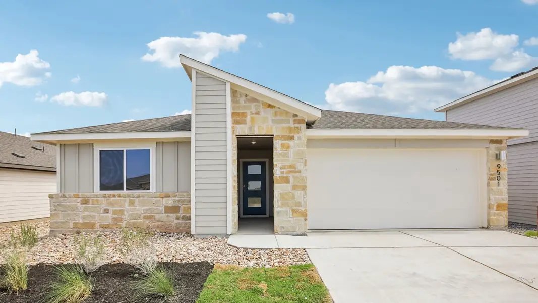 Front exterior of a new home in Trails at Wildhorse, Austin, TX, highlighting curb appeal (Image 1). Front exterior of a new home in Trails at Wildhorse, Austin, TX, highlighting curb appeal (Image 1).