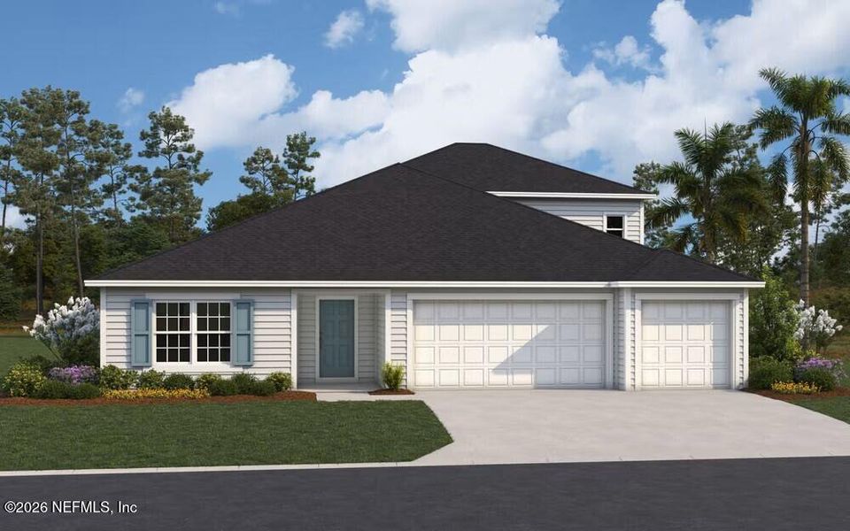 Front exterior of a new home in Amberly, Green Cove Springs, FL, highlighting curb appeal (Image 1). Front exterior of a new home in Amberly, Green Cove Springs, FL, highlighting curb appeal (Image 1).