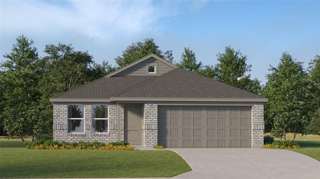 View of front of property featuring a garage and a front yard