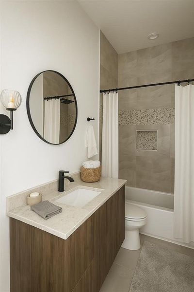 Full bath featuring vanity, shower / tub combo, and light tile patterned floors Full bath featuring vanity, shower / tub combo, and light tile patterned floors