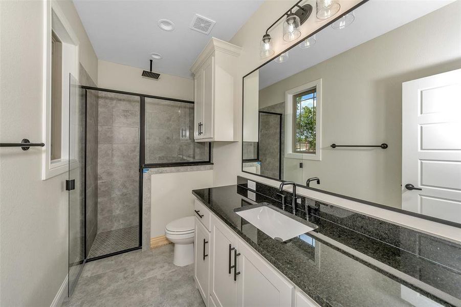 Bathroom with walk in shower, toilet, and vanity