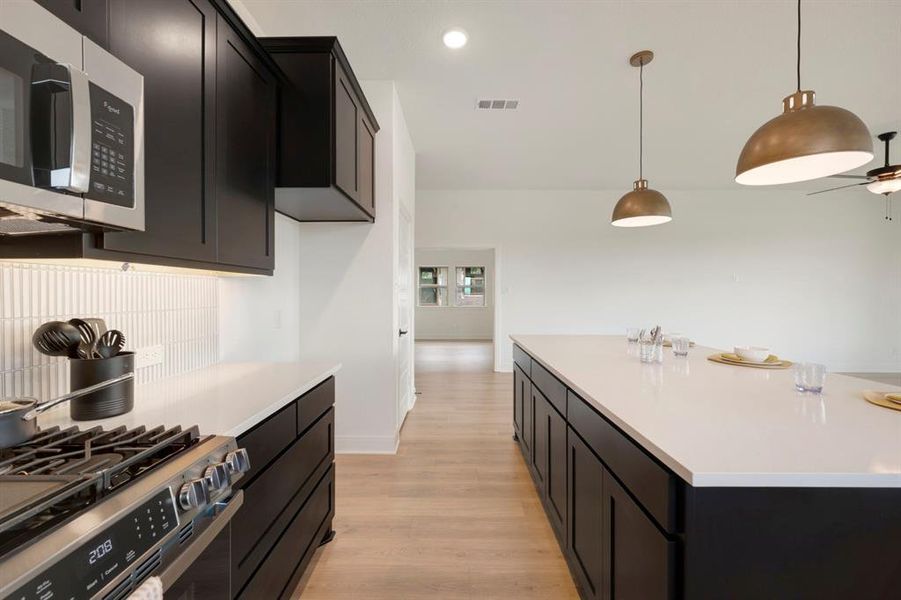 Kitchen featuring dark cabinets, stainless steel appliances, and light wood-style flooring Kitchen featuring dark cabinets, stainless steel appliances, and light wood-style flooring