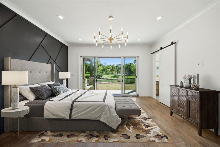 Bedroom featuring a barn door, crown molding, access to exterior, a chandelier, and wood finished floors Bedroom featuring a barn door, crown molding, access to exterior, a chandelier, and wood finished floors