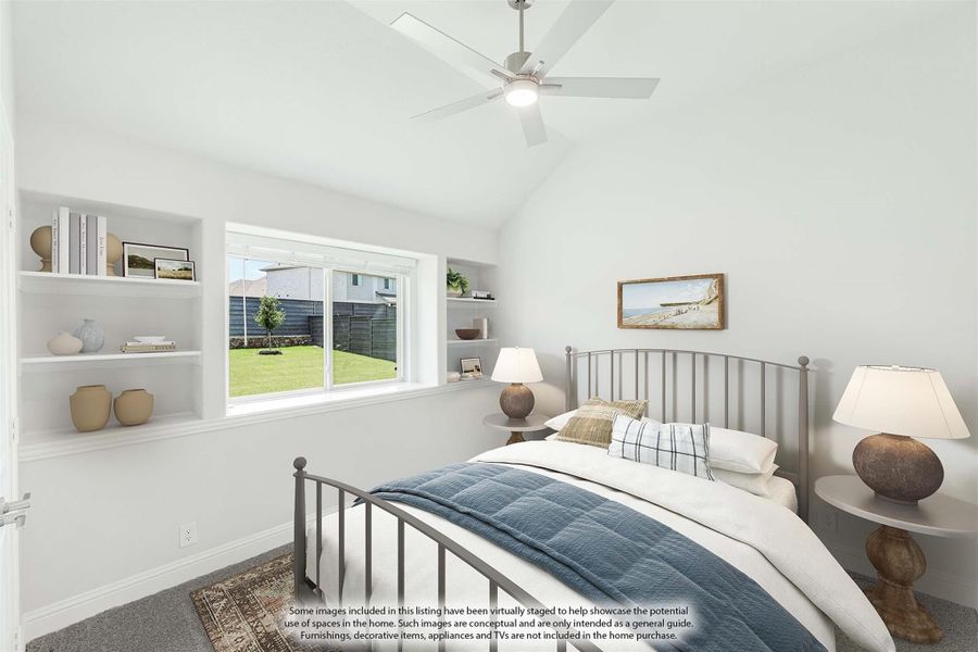 Bedroom with vaulted ceiling, ceiling fan, built-in shelves, and metal bed frame with backyard window view Bedroom with vaulted ceiling, ceiling fan, built-in shelves, and metal bed frame with backyard window view