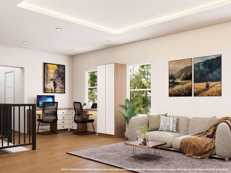 Designed to adapt to the way you live, the multi-use area provides a flexible space ready to become whatever you need — a home office, media room, fitness space, hobby area, or personal retreat. Thoughtful design gives you the freedom to create a space that evolves with your lifestyle. Image depicts artist's rendering; see New Home Sales Consultant for details.