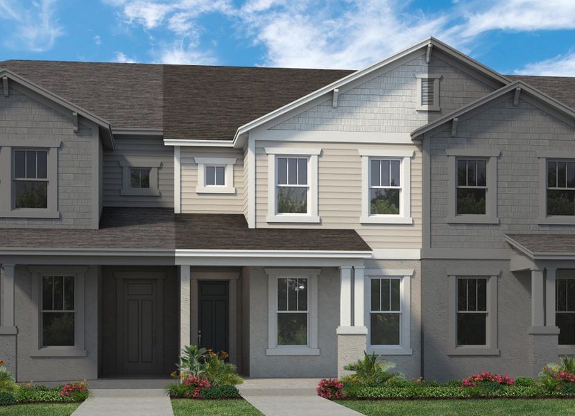 Representative exterior photo of a completed home built from the Whitney by Rockwell Homes in Harvest at Ovation - Townhomes, Winter Garden, FL (Image 2). Representative exterior photo of a completed home built from the Whitney by Rockwell Homes in Harvest at Ovation - Townhomes, Winter Garden, FL (Image 2).