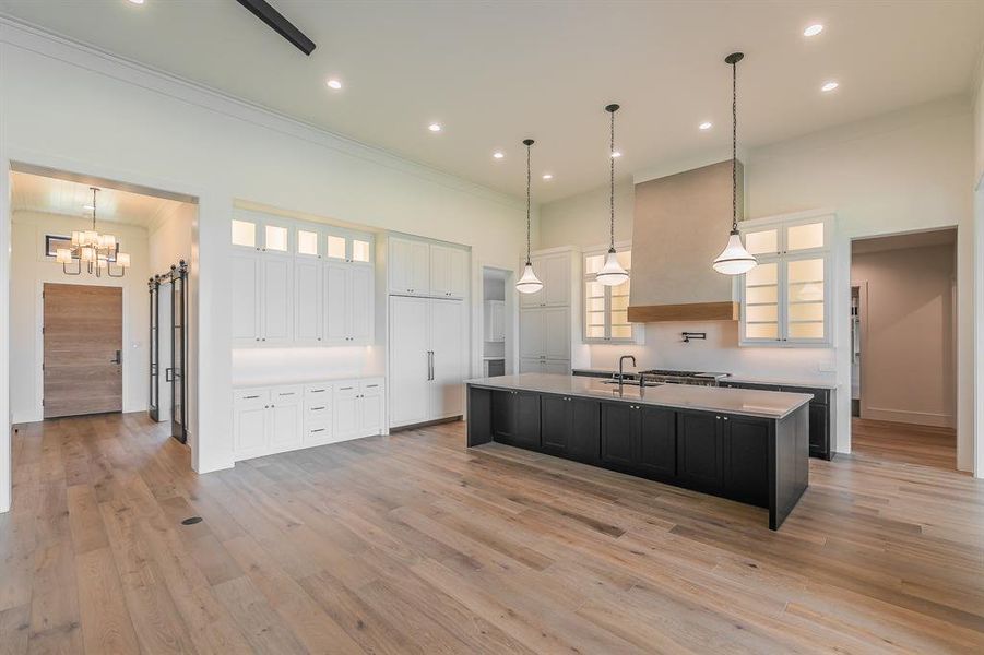 Kitchen with glass insert cabinets, dark cabinets, pendant lighting, light wood-type flooring, and a large island with sink