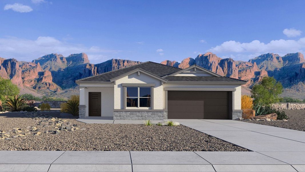 Front exterior of a new home in Western Crossing, Florence, AZ, highlighting curb appeal (Image 1). Front exterior of a new home in Western Crossing, Florence, AZ, highlighting curb appeal (Image 1).