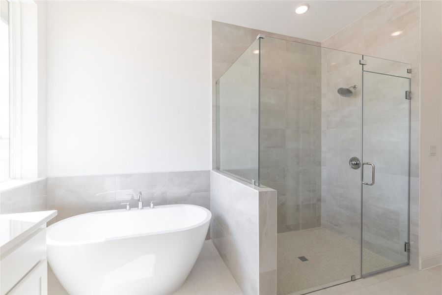 Bathroom featuring vanity, a shower stall, a freestanding bath, and tile walls