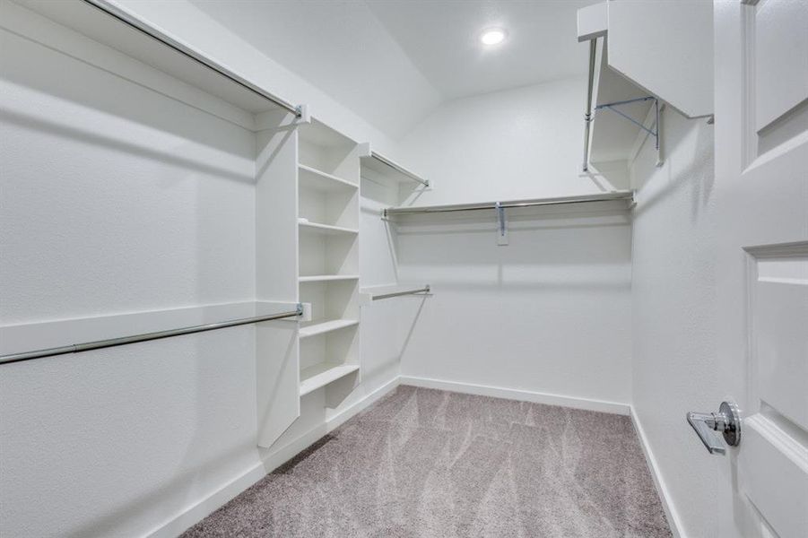 Spacious closet featuring light colored carpet and lofted ceiling Spacious closet featuring light colored carpet and lofted ceiling