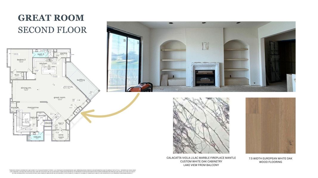 Living Room designed with Calacatta Viola Lilac Marble Fireplace mantle, white oak Cabinetry, and European oak flooring- combining elegance with comfort