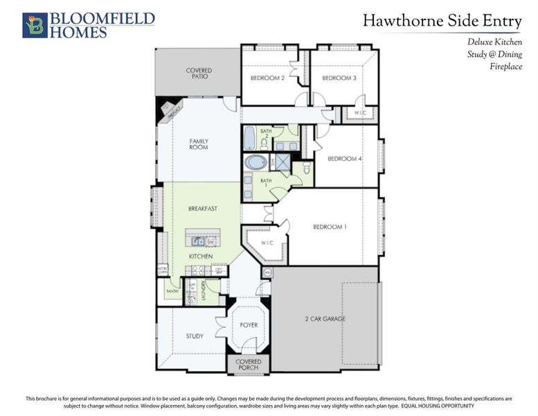 Bloomfield Homes Hawthorne Side Entry floor plan with four bedrooms, kitchen, study, family room, and two-car garage.