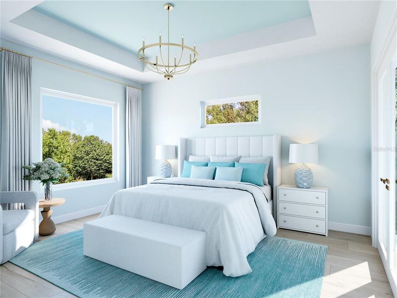 Primary Bedroom with Tray Ceiling Accent