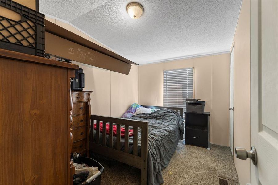 Carpeted bedroom featuring visible vents and a textured ceiling Carpeted bedroom featuring visible vents and a textured ceiling