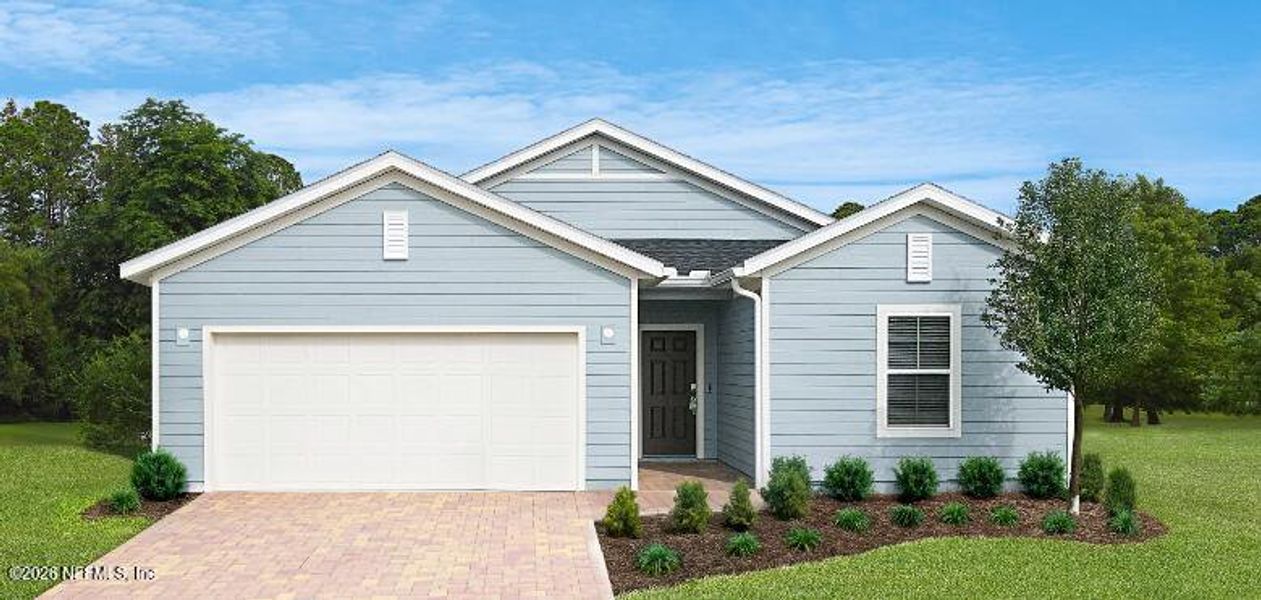 Front exterior of a new home in Saddle Oaks, Jacksonville, FL, highlighting curb appeal (Image 1). Front exterior of a new home in Saddle Oaks, Jacksonville, FL, highlighting curb appeal (Image 1).