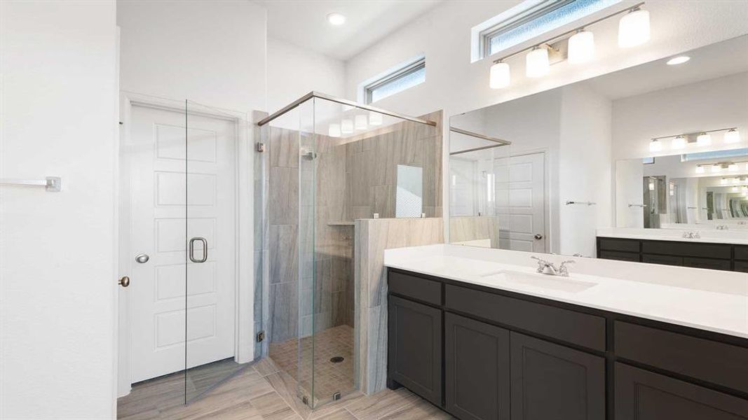 Bathroom with vanity and a shower with shower door