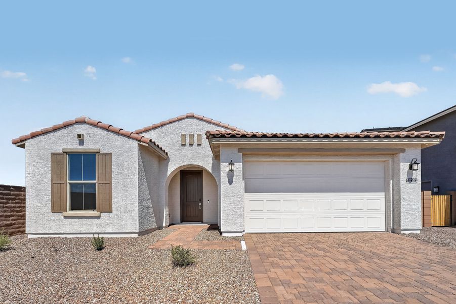 Front exterior of a new home in Ladera Trails, Queen Creek, AZ, highlighting curb appeal (Image 1). Front exterior of a new home in Ladera Trails, Queen Creek, AZ, highlighting curb appeal (Image 1).