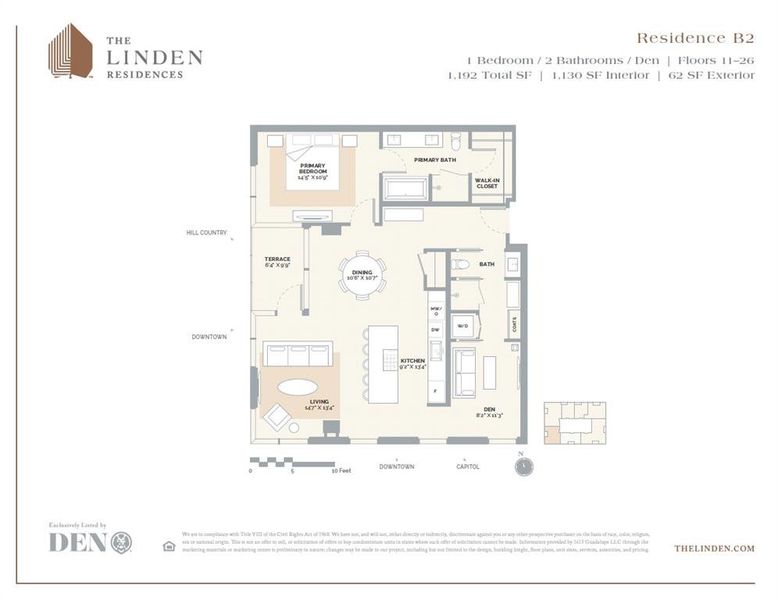 B2 Floor Plan featuring 1 bedroom plus a den and 2 bathrooms. The spacious layout includes an open living and dining area, complemented by a modern kitchen with high-end appliances and an island for additional seating. This unit offers breathtaking views of downtown Austin, the Hill Country, and the Capitol, providing a unique blend of urban and natural scenery. Residents will also enjoy access to a full level of elevated amenities.