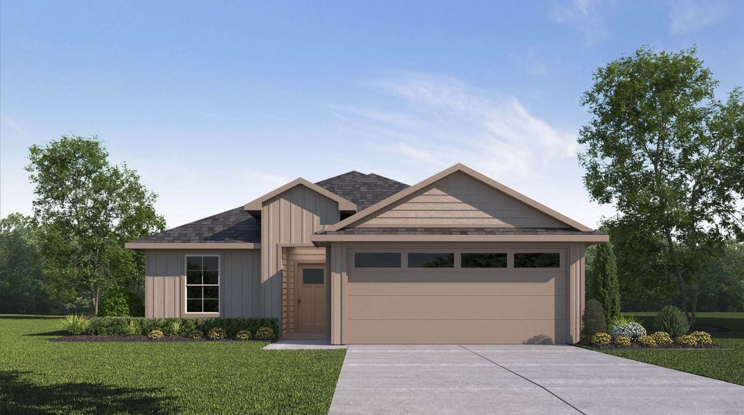 Front exterior of a new home in Saratoga Crossing, Corpus Christi, TX, highlighting curb appeal (Image 1).