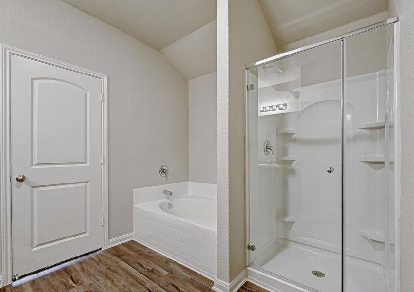 Master bathroom with a soaking tub and walk-in shower.