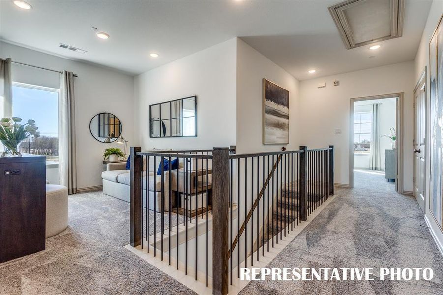 Upstairs features a light and bright loft space perfect for a second family living area or a home office space.  REPRESENTATIVE PHOTO