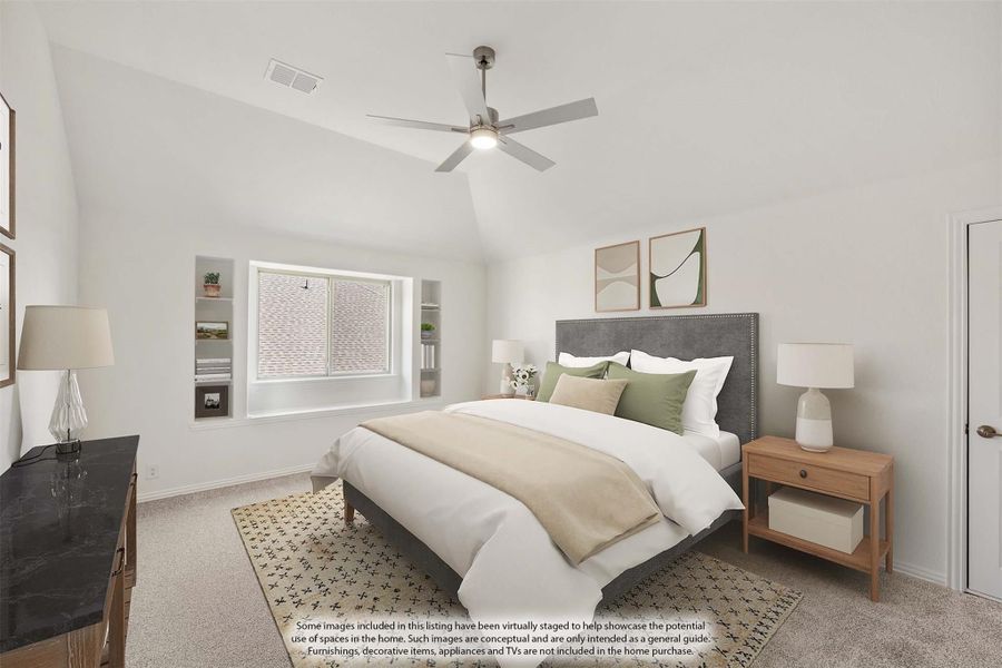Bedroom with vaulted ceiling, ceiling fan, built-in shelves, and carpet flooring Bedroom with vaulted ceiling, ceiling fan, built-in shelves, and carpet flooring
