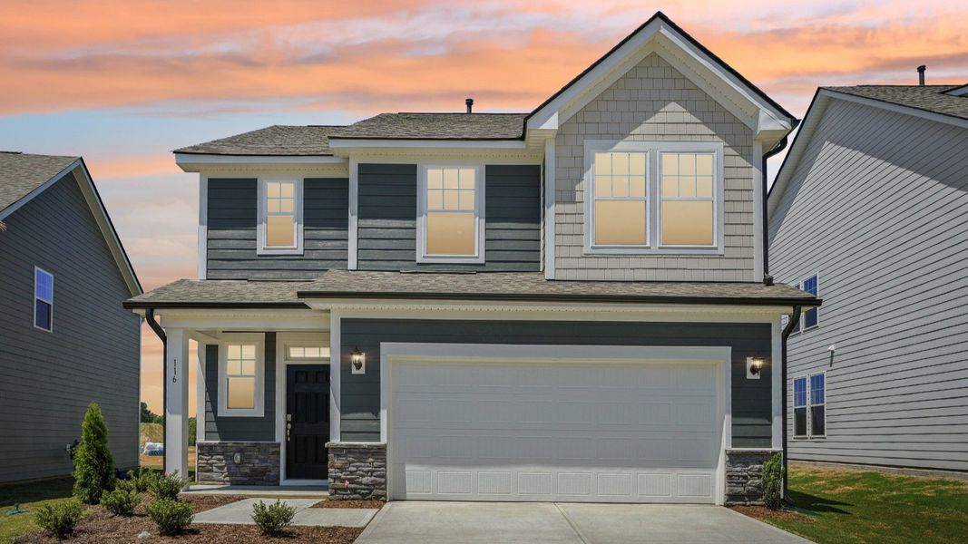 Representative exterior photo of a completed home built from the Bordeaux by DRB Homes in Sidney Creek Single Family, Zebulon, NC (Image 22).