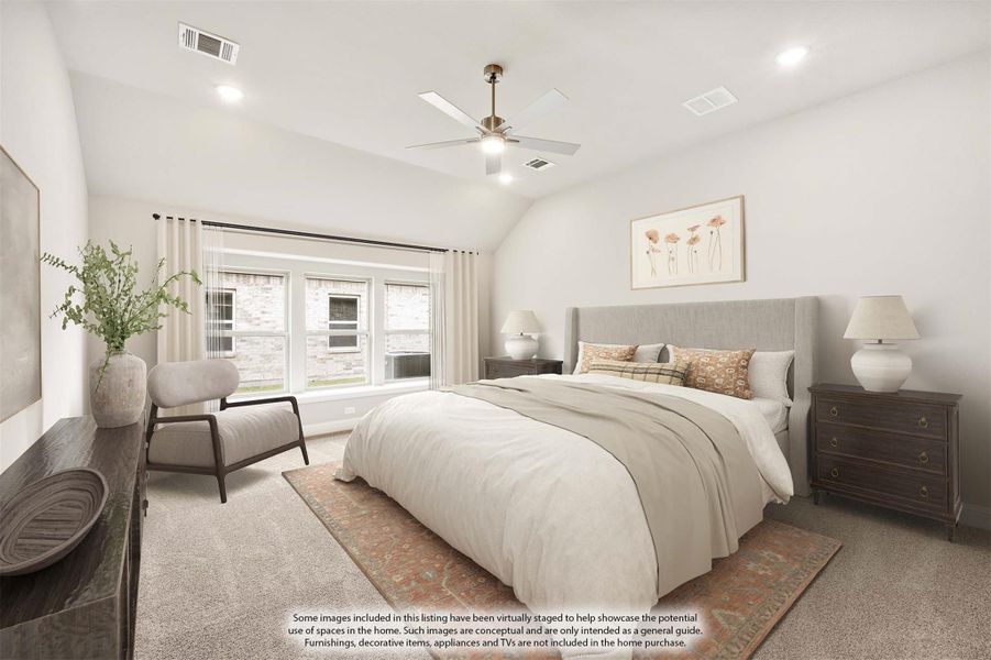 Bedroom with vaulted ceiling, ceiling fan, large windows, and neutral carpet flooring