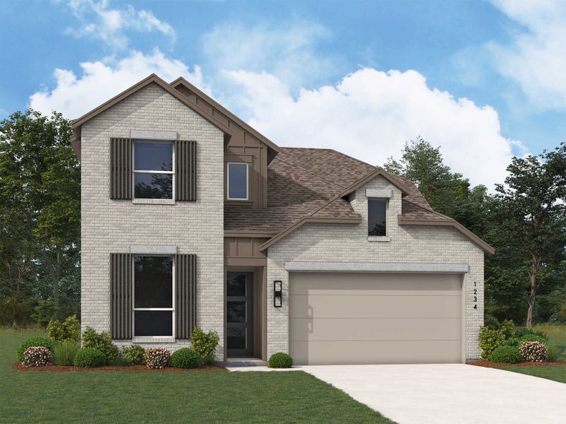 Representative exterior photo of a completed home built from the Griffith Plan by Highland Homes in Sandbrock Ranch: 45ft. lots, Aubrey, TX (Image 18).