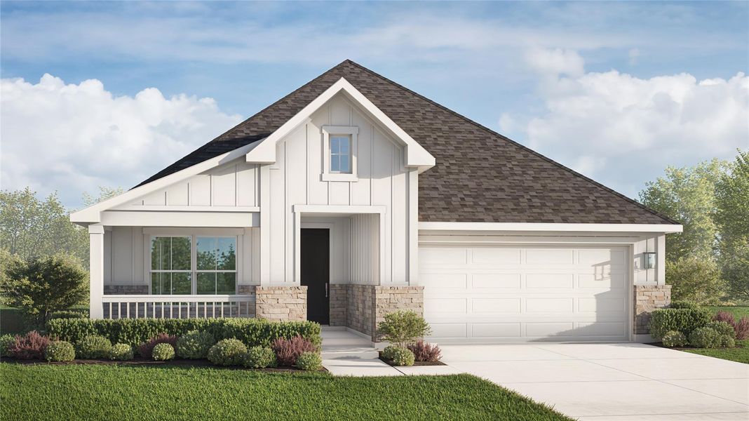 View of front of property featuring driveway, roof with shingles, an attached garage, covered porch, and board and batten siding