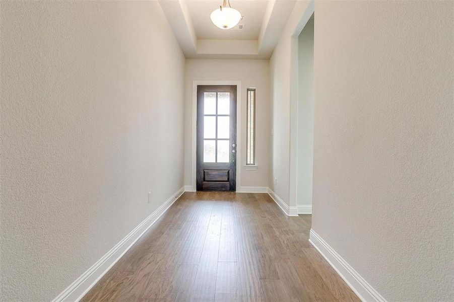 Doorway to outside with a raised ceiling and light wood-type flooring